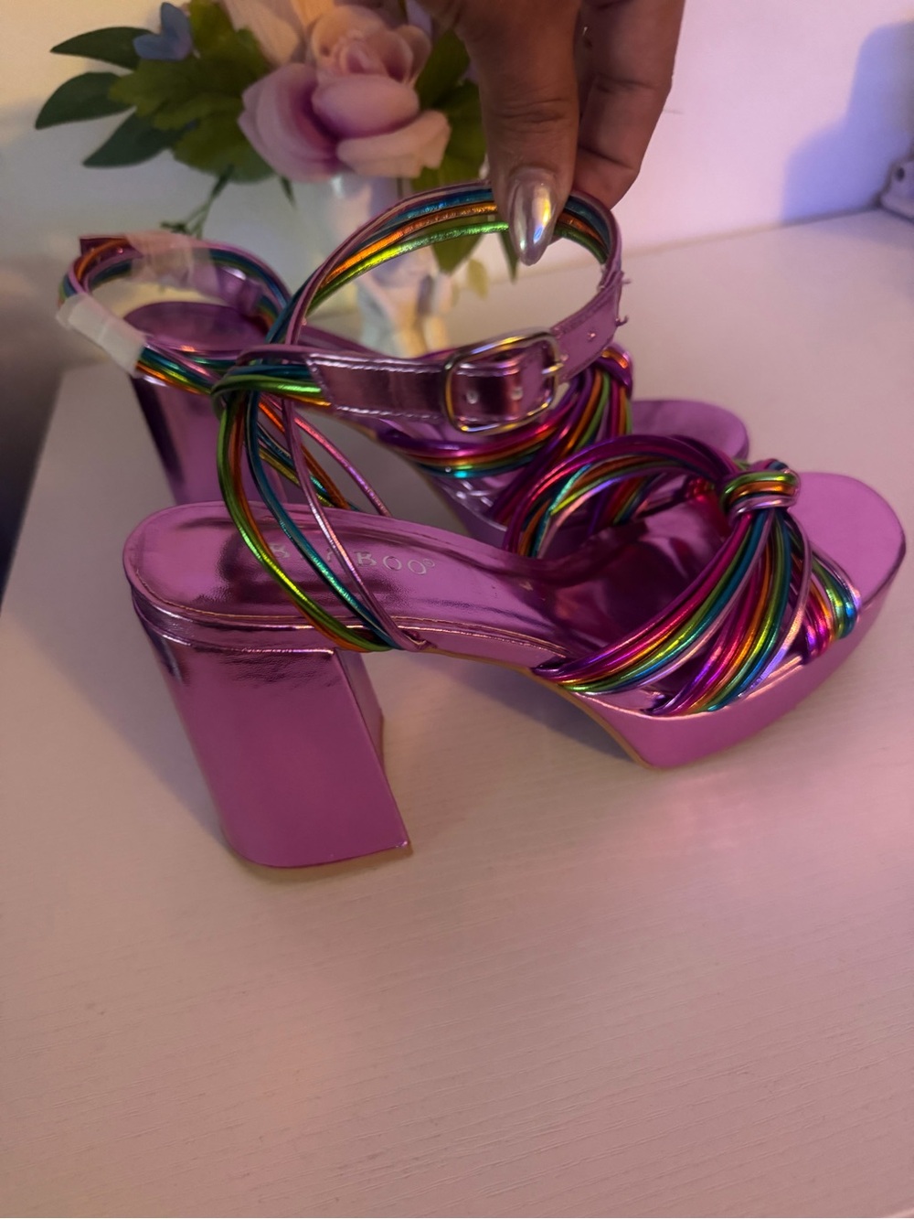 BAMBOO Metallic Pink Platform Sandals with Rainbow Straps